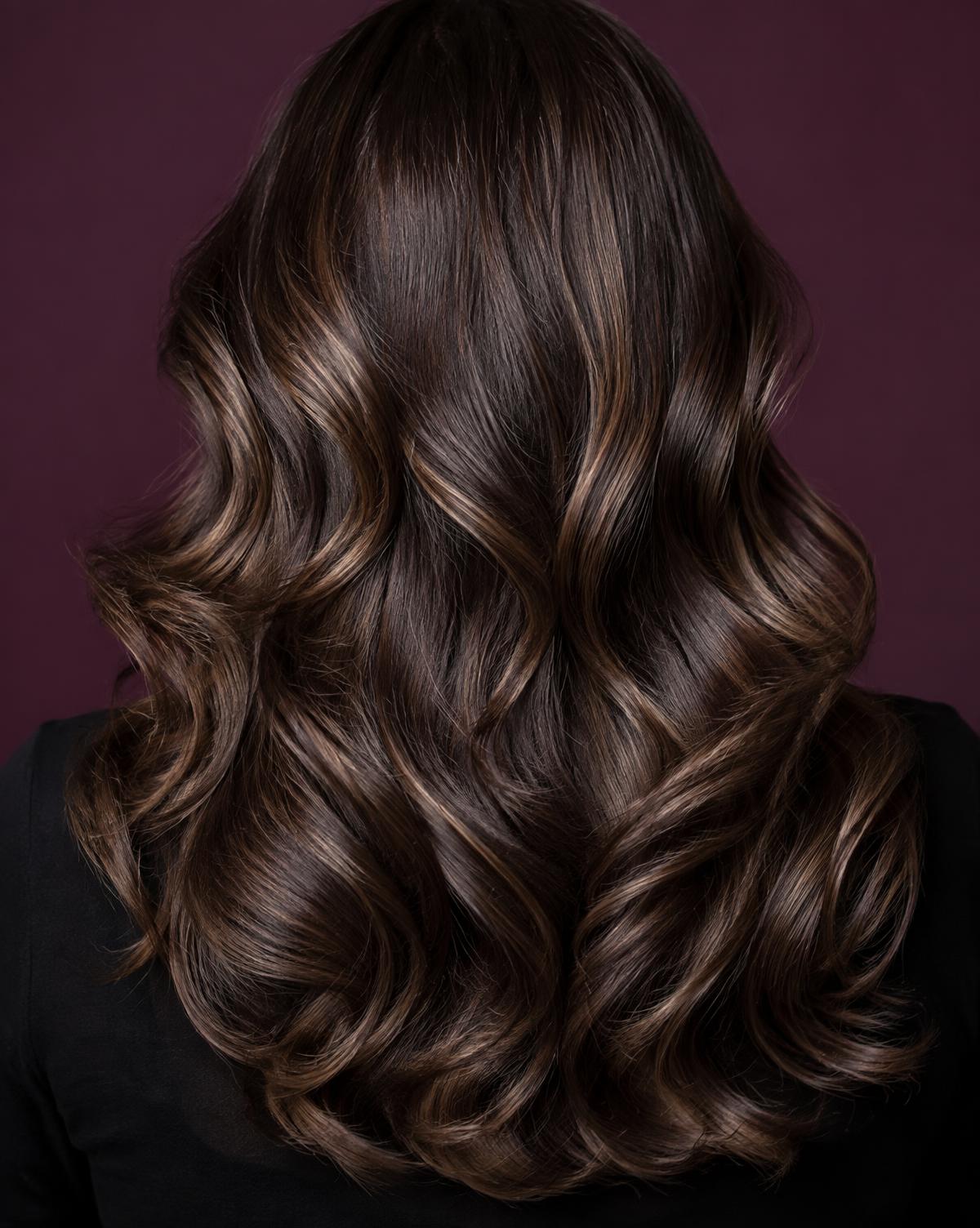 Close-up of a glossy brunette balayage blowout at Tina's Salon and Day Spa