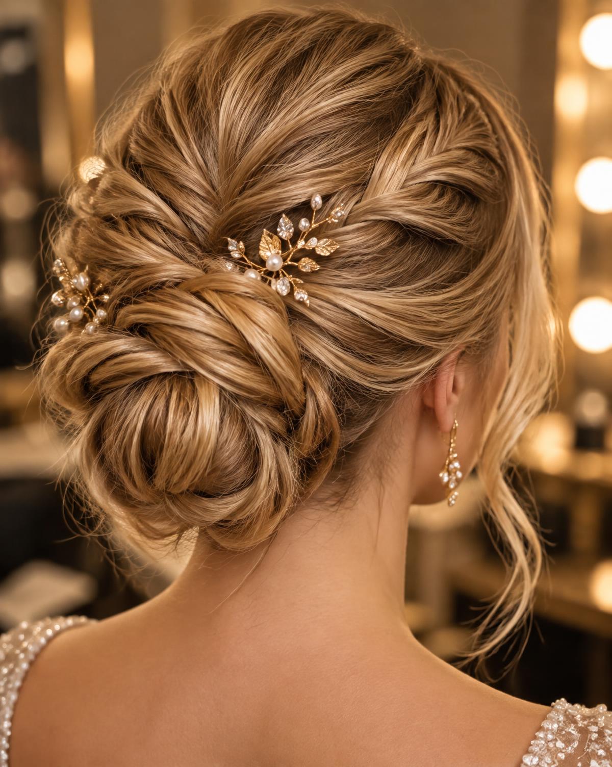 Close-up of a braided updo finished with gold pins at Tina's Salon and Day Spa