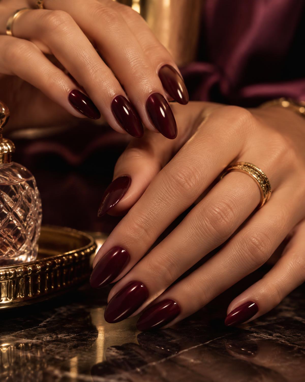 Close-up of glossy deep burgundy almond nails at Tina's Salon and Day Spa