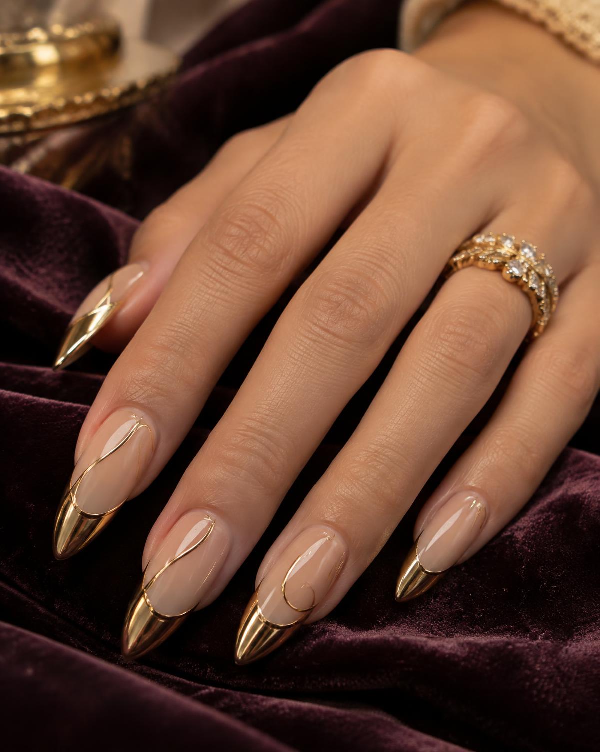 Close-up of long gold chrome French tip nails at Tina's Salon and Day Spa