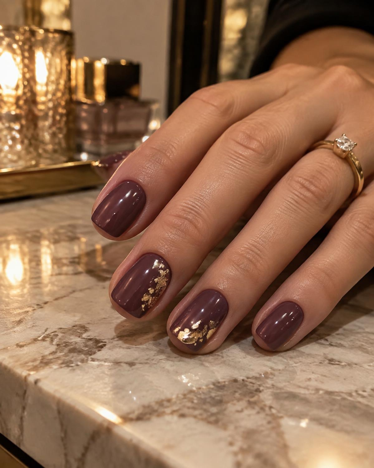 Close-up of plum nails with gold foil accent art at Tina's Salon and Day Spa